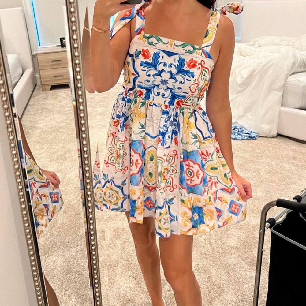 Colorful Print Dress A-Line Mini Dress Bowknot Shoulder Ties - Large 8/10 - Picture 1 of 2